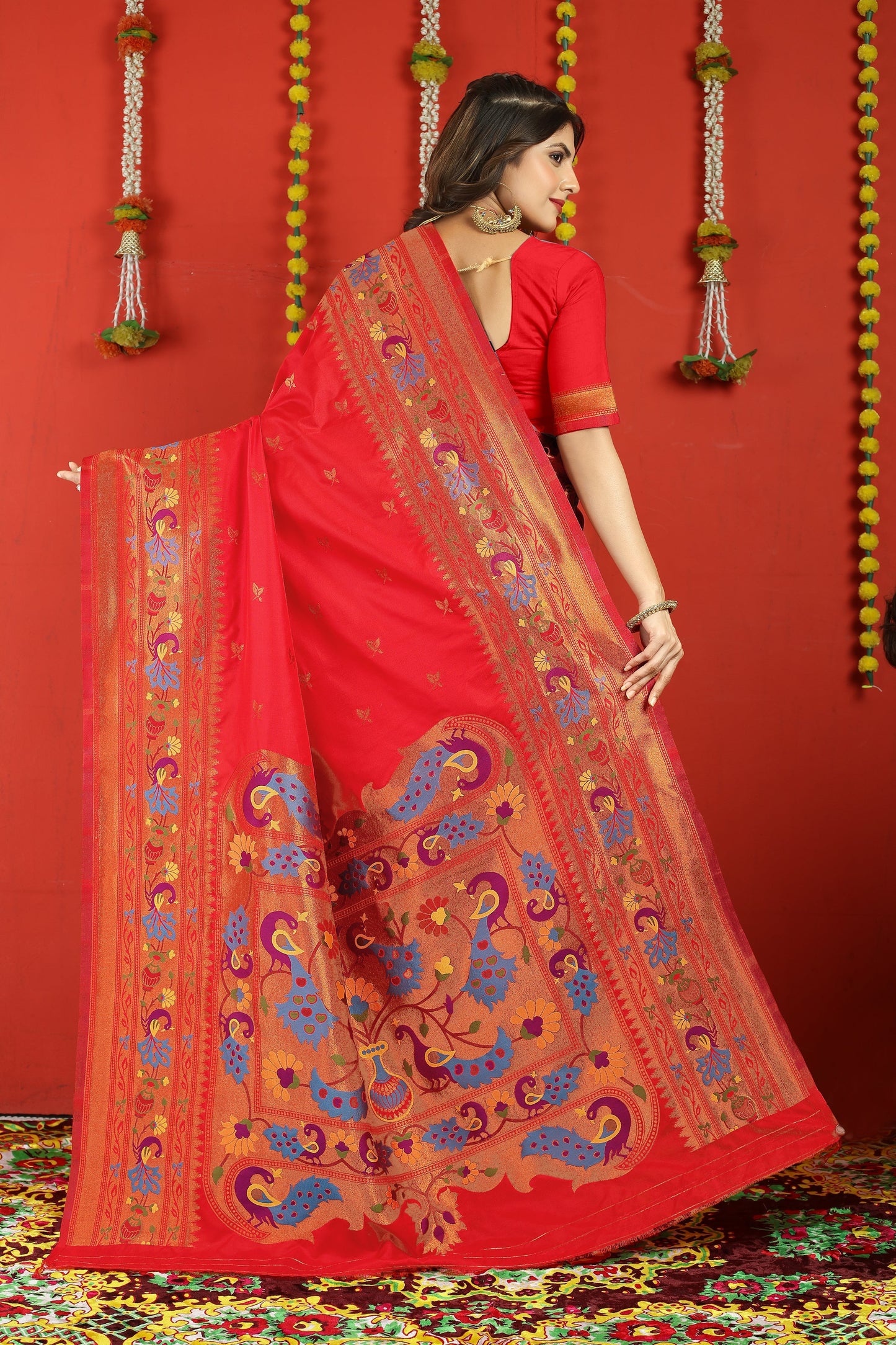 Dhiyona GR Women's Fancy Mor Red Zari Paithani Silk Saree