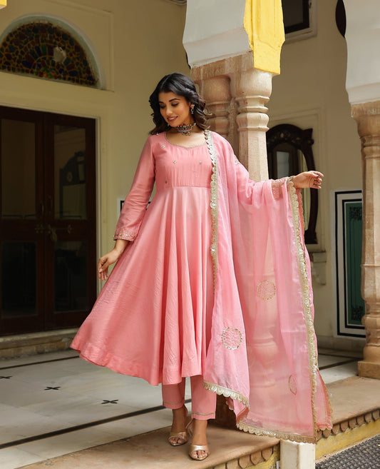 Taka Jhaki Leher Rose Pink Chanderi Suit Set