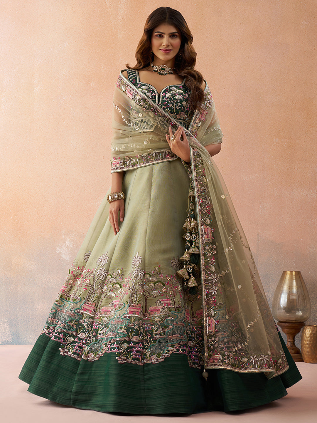 Green- Net Sequins Embroidered Omber Green and LimeGreen Semi-Stitched Lehenga choli & Dupatta