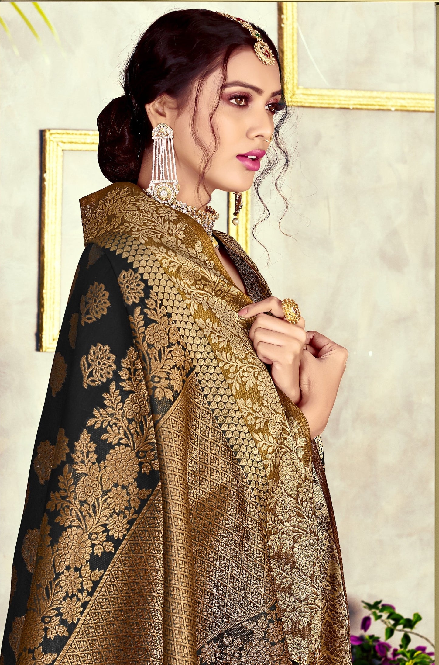 Dhiyona GR Women's Black Diamond Crow Black Zari Woven Design Cotton Blend Saree
