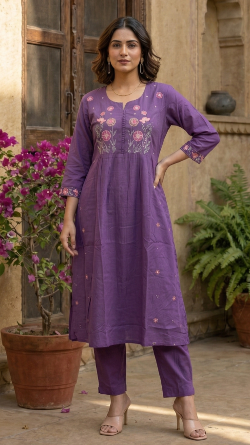 Chandri Lavender Embroidered Kurta Pant Set