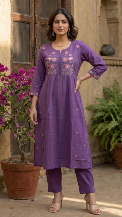 Chandri Lavender Embroidered Kurta Pant Set