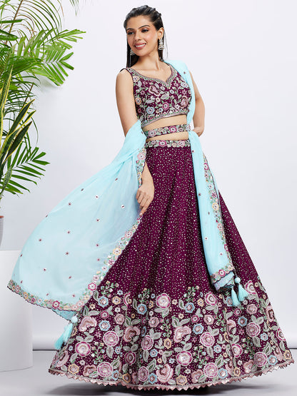 Women Burgundy Pure Chiffon Sequins and thread embroidery  Lehenga choli & Dupatta