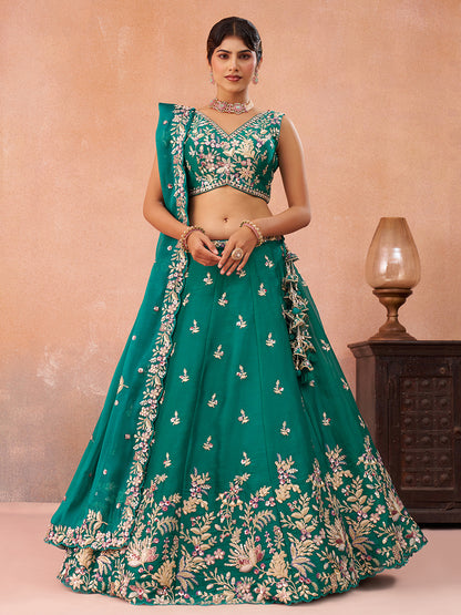 Green- Tissue Sequinned with Zari Embroidered Semi-Stitched Lehenga & Unstitched Blouse With Dupatta