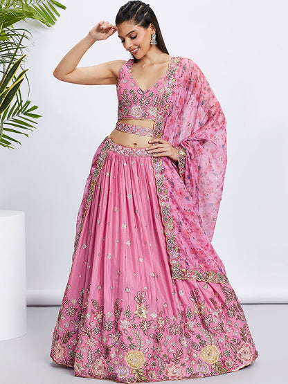 Women Pink Chiffon Sequins and thread embroidery  Lehenga choli & Printed Dupatta