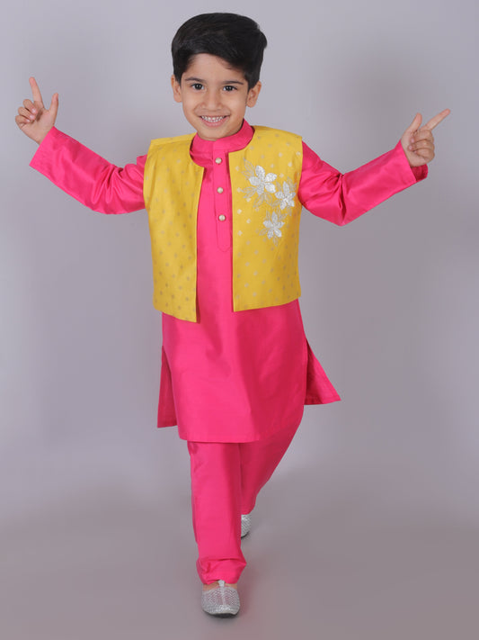 Zarqa Boys Pink Kurta with Pant and Jacket set