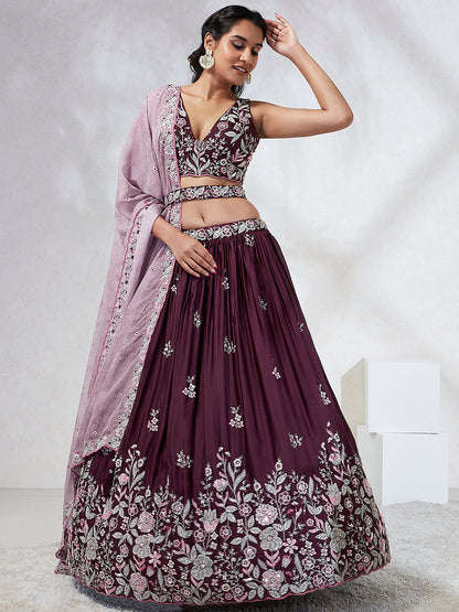 Women Burgundy Pure Georgette Sequins and thread embroidery  Lehenga choli & Dupatta