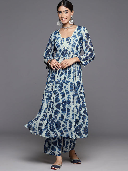 Dhiyona VR Women's Blue Shibori Printed V-Neck A-Line Kurta Paired With Tonal Printed Bottom
