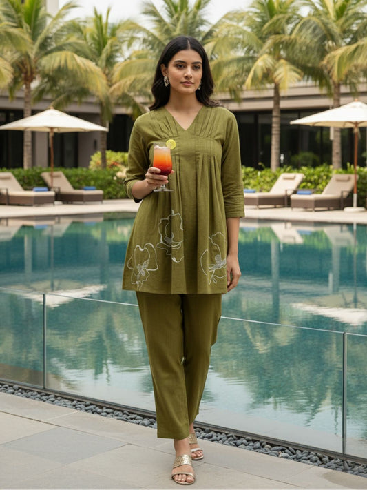 AutumnLane Raya Olive Cotton Embroidered Co-ord Set