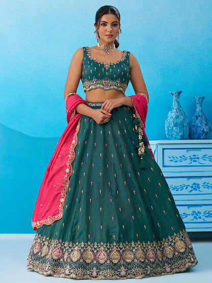 Teal- Cosmos Silk Beads & Sequins Embroidered Semi-Stitched Lehenga & Unstitched Blouse With Dupatta