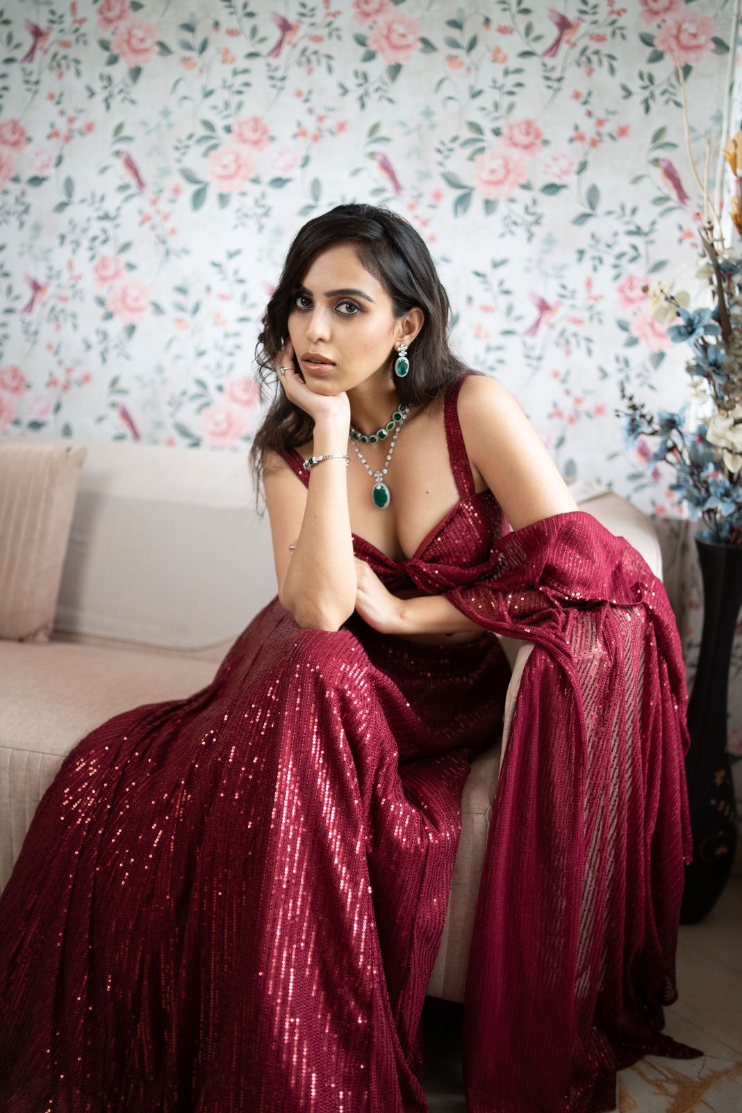 Dhiyona ST 2 pc SET - Maroon Knit Sequined Lehenga with Blouse with Dupatta