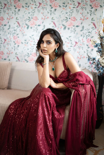 Dhiyona ST 2 pc SET - Maroon Knit Sequined Lehenga with Blouse with Dupatta