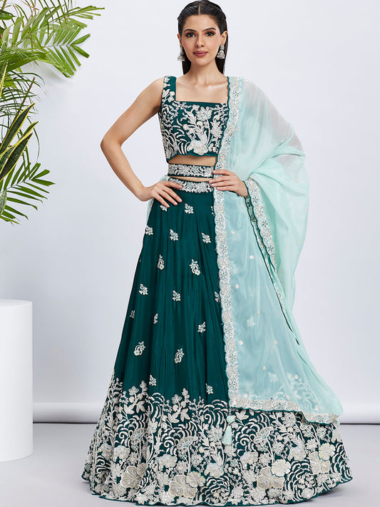 Women Green Pure Georgette Sequins and thread embroidery  Lehenga choli & Dupatta