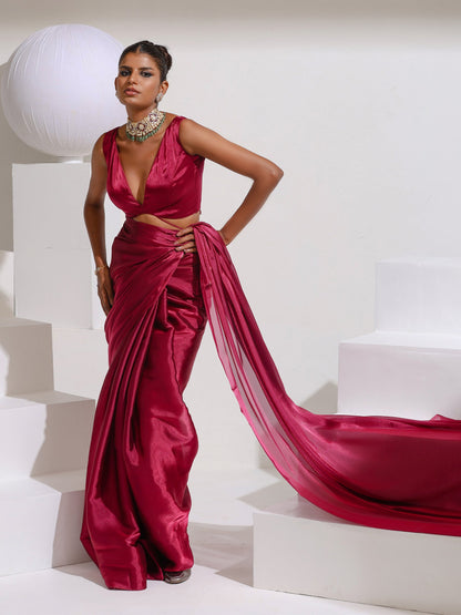 Dhiyona ST Wine Galaxy Organza Saree with Beads and Self Blouse Fabric