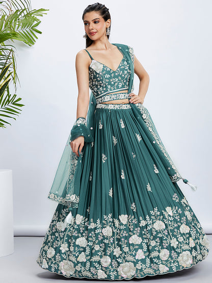 Women Turquoise blue Pure Georgette Sequins and thread embroidery  Lehenga choli & Dupatta