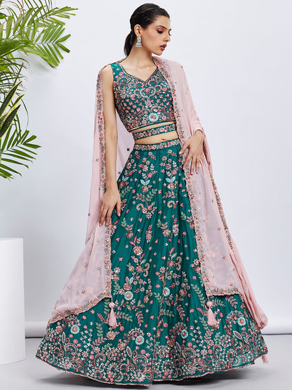 Women Green Pure Georgette Sequins and thread embroidery  Lehenga choli & Dupatta