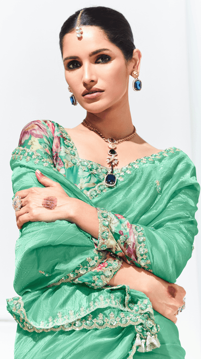 Dhiyona KM Women Green Silk Saree With Floral Blouse “ A Perfect Blend Of Grace & Elegancegreen Silk Saree