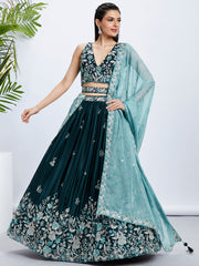 Women Teal Pure Georgette Sequins and thread embroidery  Lehenga choli & Dupatta