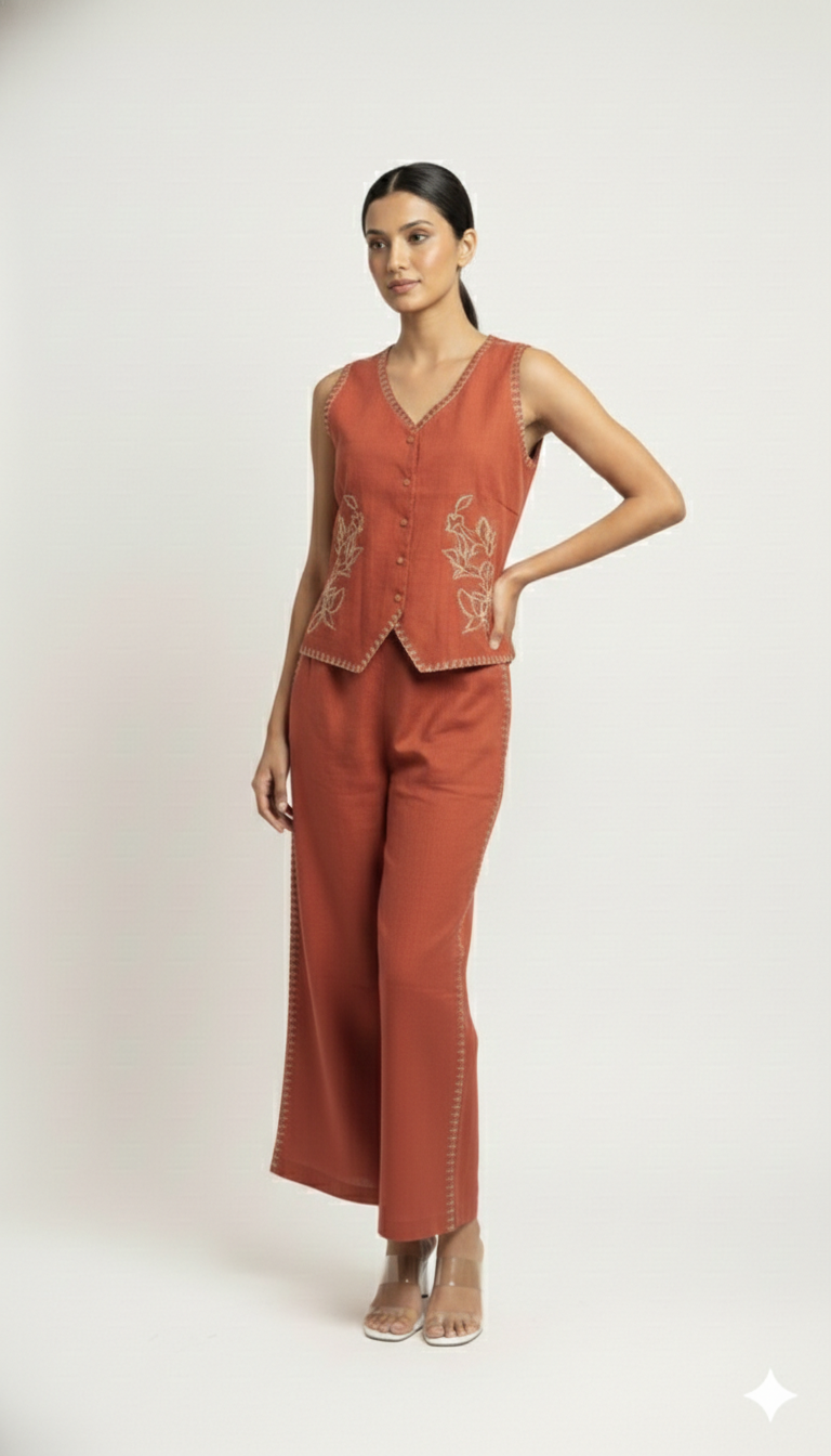 Rushali Coral Embroidered Co-ord Set