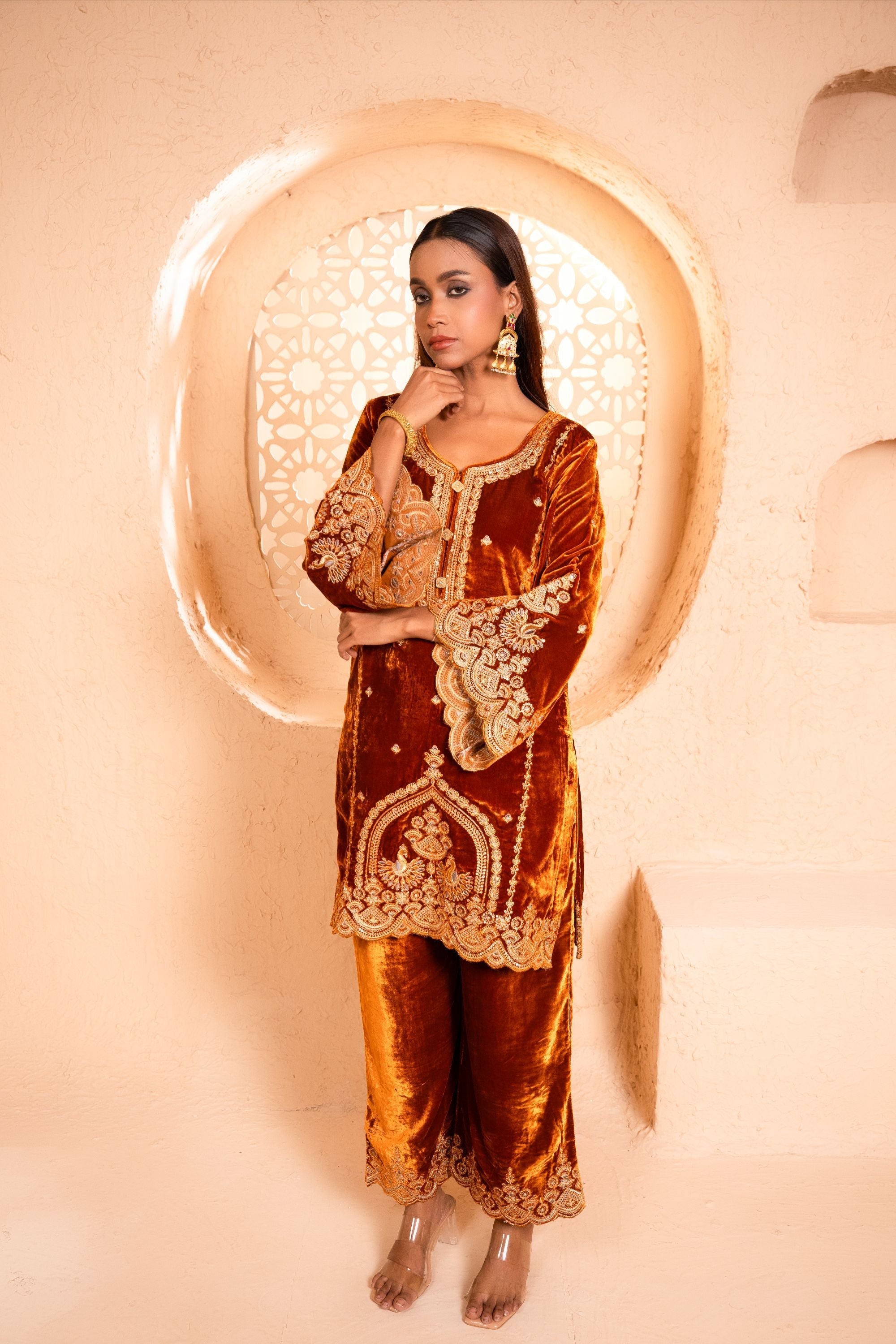 Saaz Silk Velvet Embroidered Rust  Suit Set