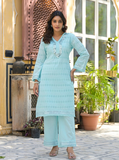 Sanmati Sky Cotton Mirror Schiffli Co-ord Set