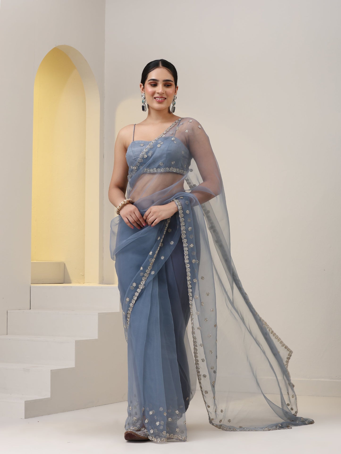 Dhiyona ST Blue Cloud Hand Embroidered Saree with Blouse Fabric