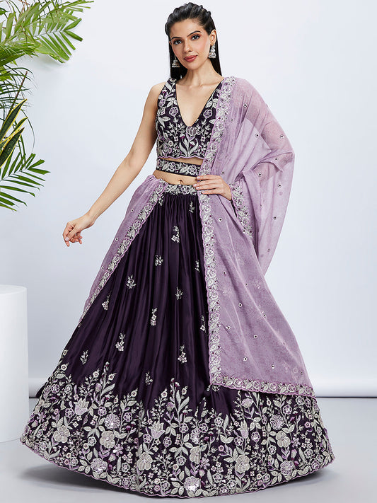 Women Purple Pure Georgette Sequins and thread embroidery  Lehenga choli & Dupatta