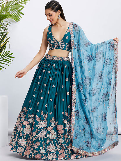 Women Teal Pure Georgette Sequins and thread embroidery  Lehenga choli & Dupatta