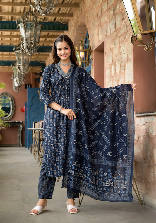 Women Navy Blue Embroidery Viscose Rayon Kurta, Pant And Dupatta Set