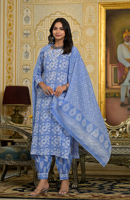 Women Blue Embroidery Viscose Rayon Kurta, Pant And Dupatta Set