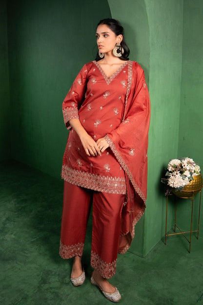 Noor Chanderi Embroidered Rust  Suit Set