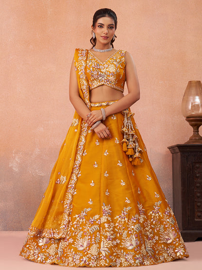 Mustard- Tissue Sequinned with Zari Embroidered Semi-Stitched Lehenga & Unstitched Blouse With Dupatta