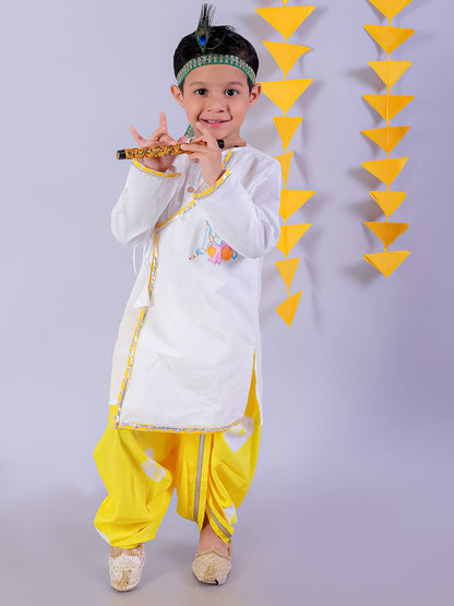 Marigold magic White Boys Cotton Kurta and Yellow Dhoti Ethnic Set