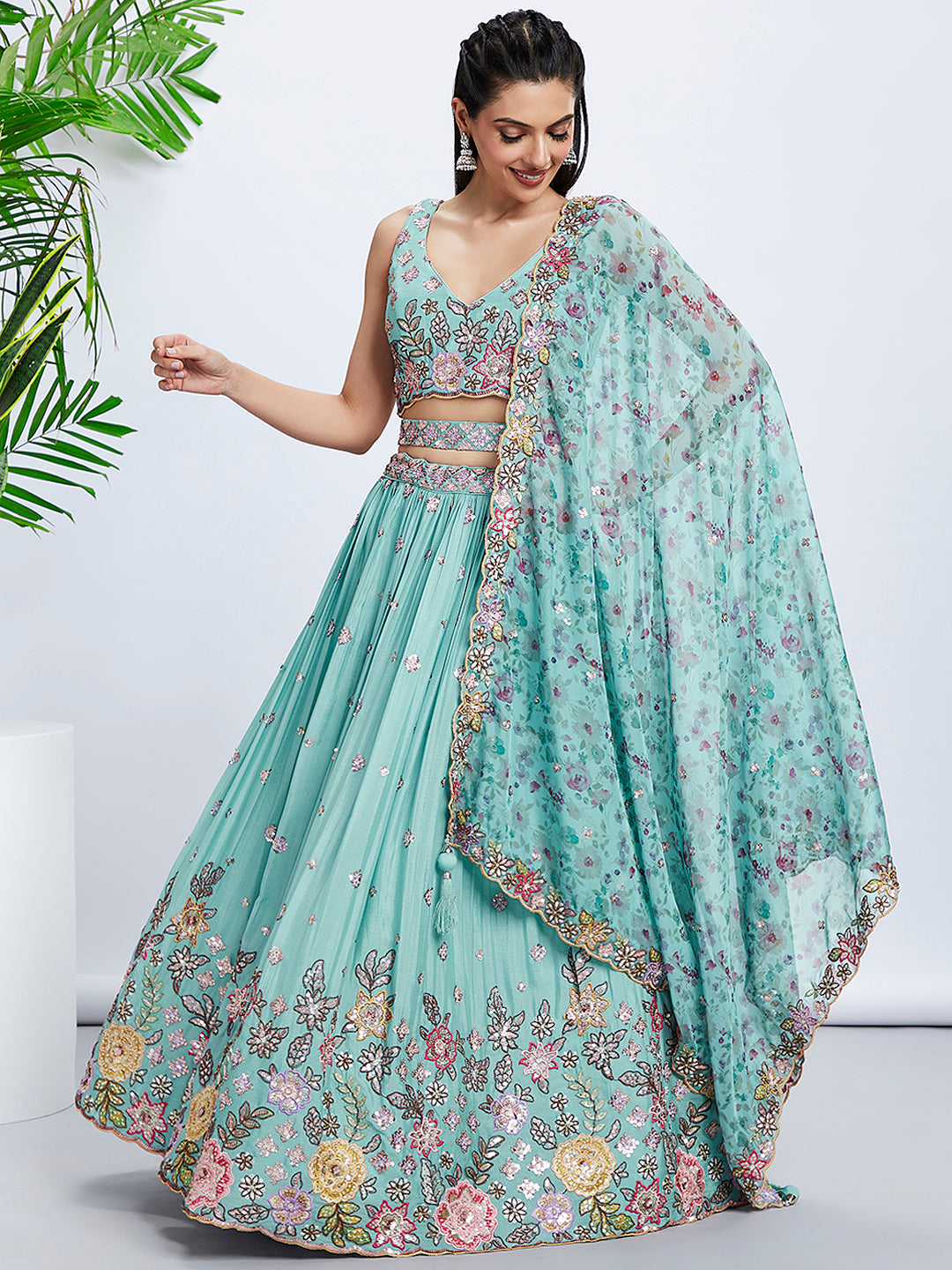 Women Turquoise blue Chiffon Sequins and thread embroidery  Lehenga choli & Printed Dupatta