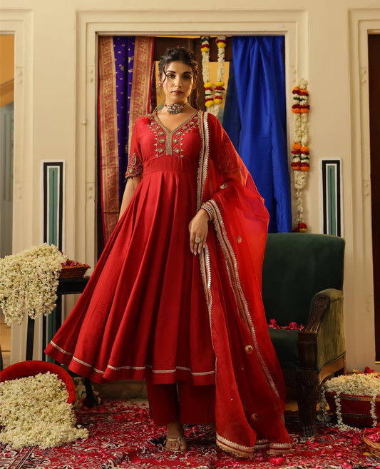 Taka Jhaki Vasudha Maroon Chanderi Suit Set