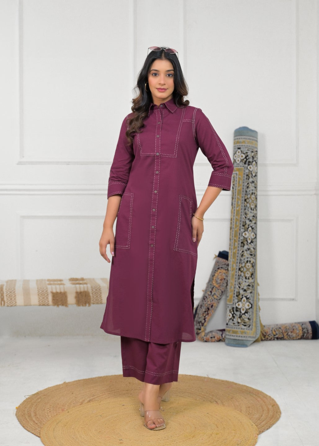 Ridhika Berry Cotton Kurta Pant Set