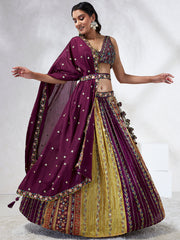 Women Burgundy Chiffon Position print with Sequins embroidery  Lehenga choli & Dupatta