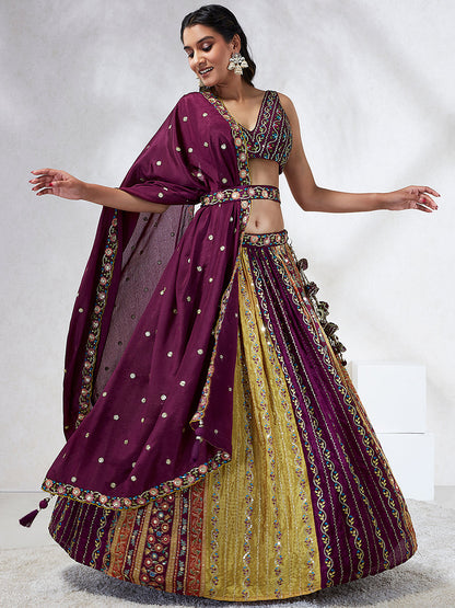 Women Burgundy Chiffon Position print with Sequins embroidery  Lehenga choli & Dupatta