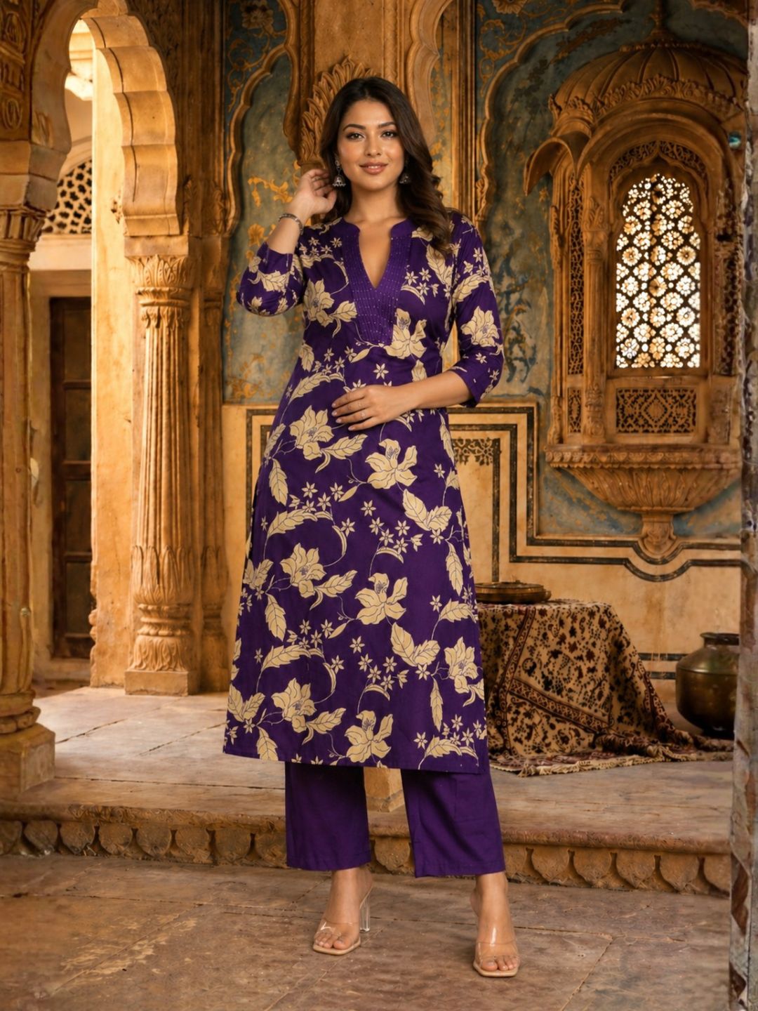SASHA ORCHID PRINTED COTTON KURTA PANT SET