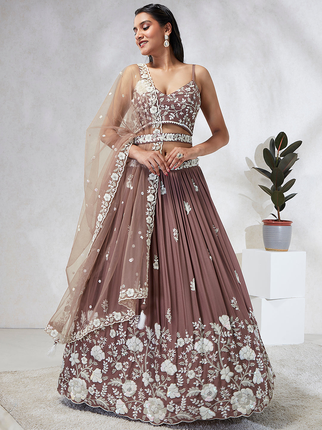 Women Rose gold Pure Georgette Sequins and thread embroidery  Lehenga choli & Dupatta