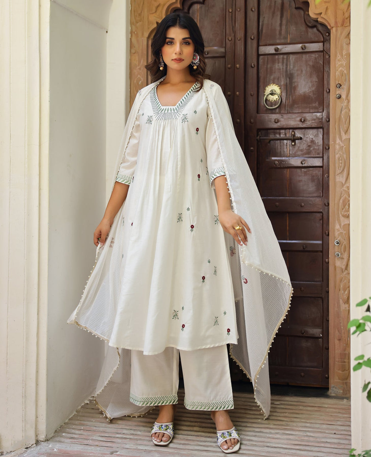 Resham White Chanderi Suit Set
