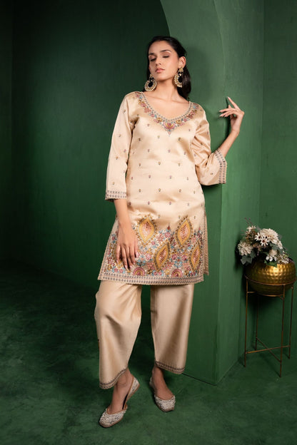 Meher Silk Chanderi Embroidered Beige  Suit Set