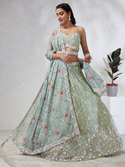 Women Lime green Chiffon Sequins and thread embroidery  Lehenga choli & Dupatta