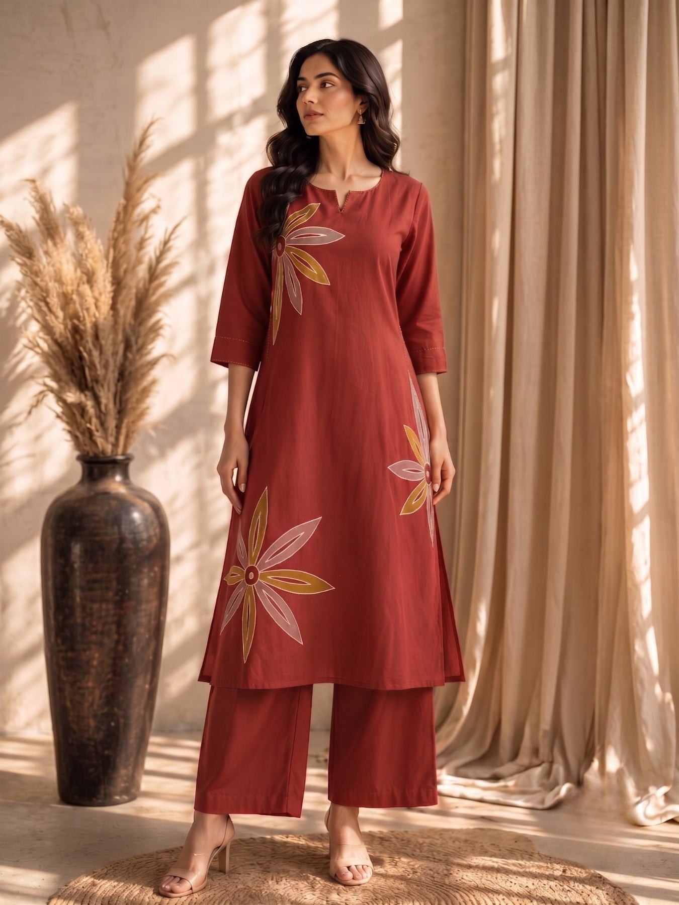 Mishka Saffron Embroidery Cotton Kurta Pant Set