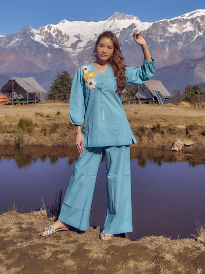 Wespret sky embroidered cotton co-ord set
