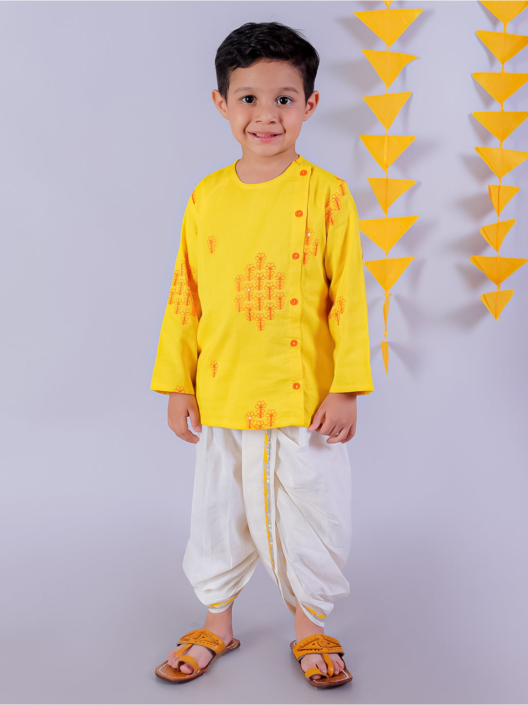 Marigold magic Yellow Boys Cotton Kurta and White Dhoti Ethnic Set