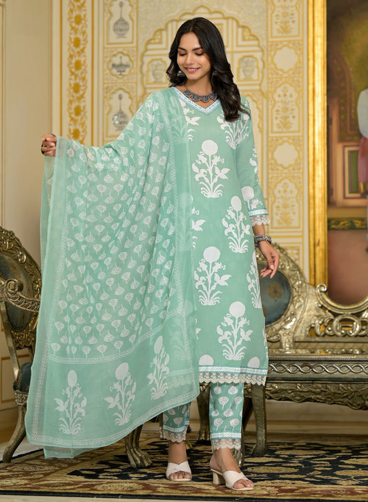 Women Green Embroidery Viscose Rayon Kurta, Pant And Dupatta Set