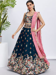 Women Navy blue Organza Sequins and thread embroidery  Lehenga choli & Dupatta