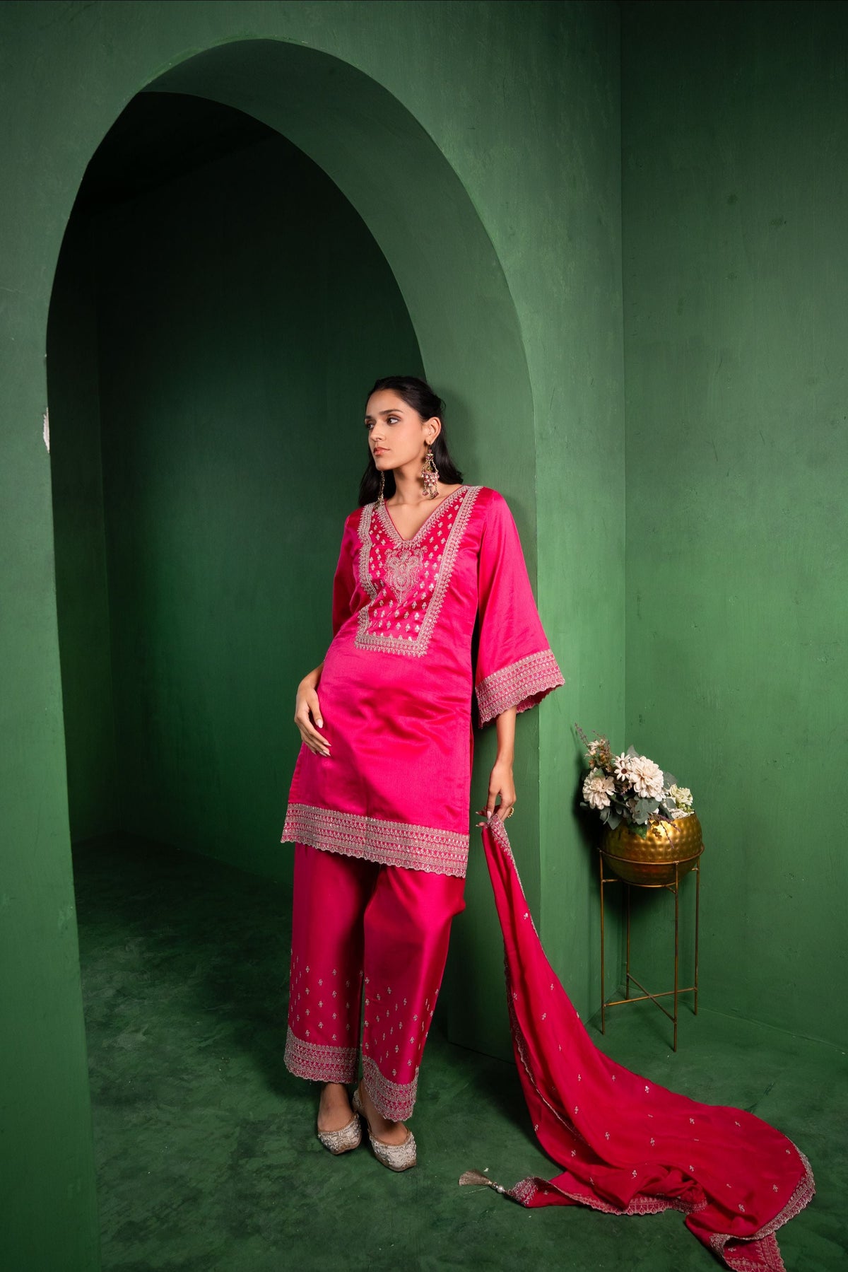 Ehsaas Silk Chanderi Embroidered Raspberry Suit Set