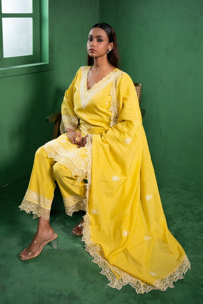 Ruh Mul Chanderi Embroidered Yellow  Suit Set